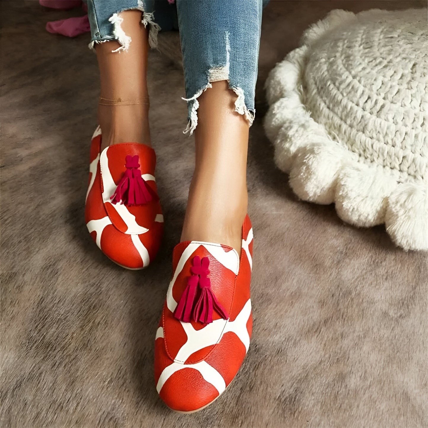 Nova Mocassins Femme Rouge Blanc Motifs Glands Raffinés