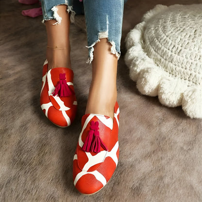Nova Mocassins Femme Rouge Blanc Motifs Glands Raffinés