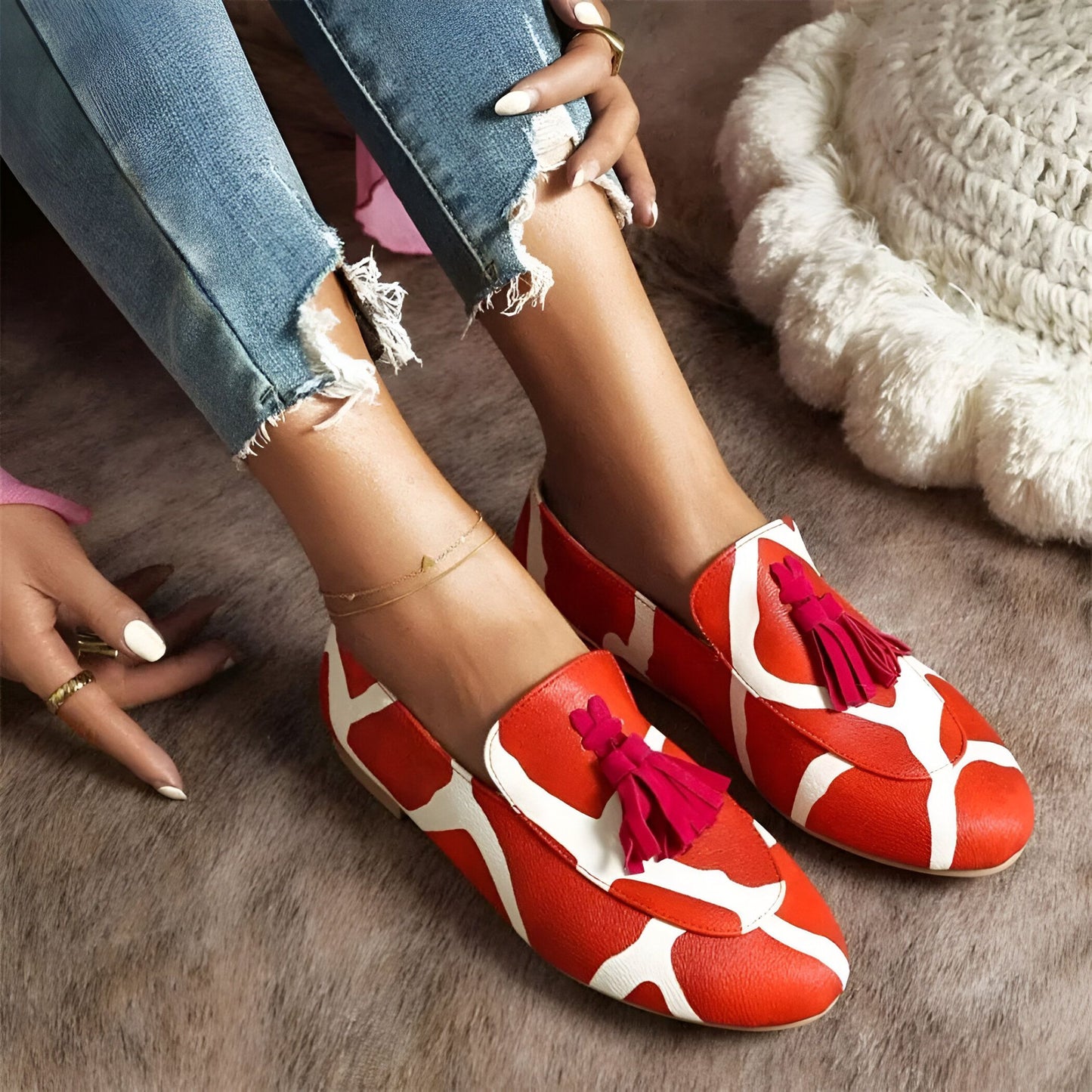 Nova Mocassins Femme Rouge Blanc Motifs Glands Raffinés