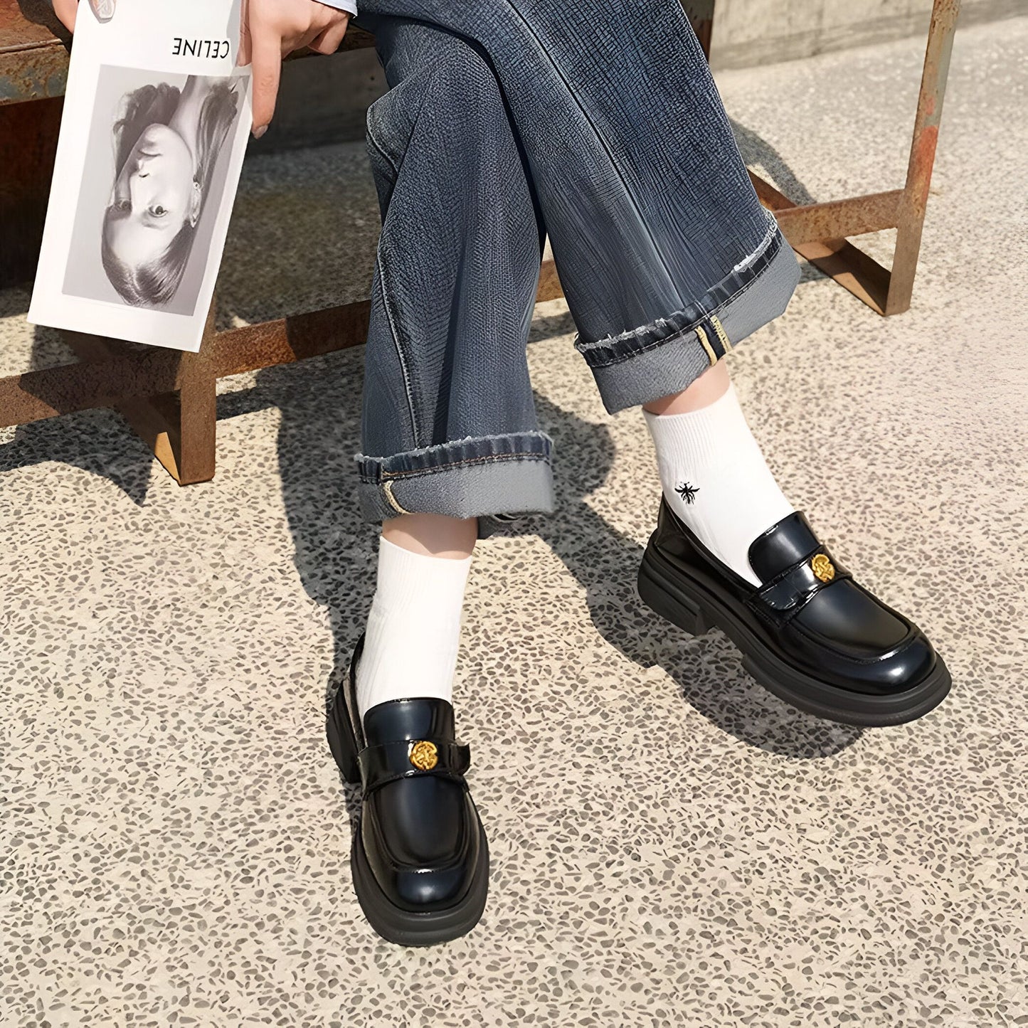Mocassins Femme - Plateforme Fleur Métallique Élégants