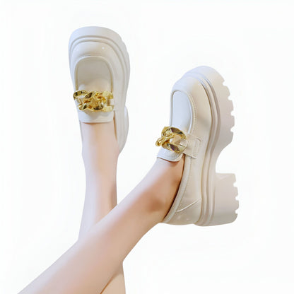Luxe Mocassins Femme Talon Carré 7cm Orné Chaîne Dorée