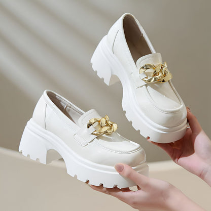 Luxe Mocassins Femme Talon Carré 7cm Orné Chaîne Dorée