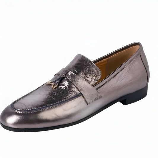 LuxMoc Mocassins Femme Cuir Argenté à Gland Élégant