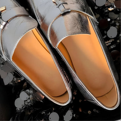 LuxMoc Mocassins Femme Cuir Argenté à Gland Élégant