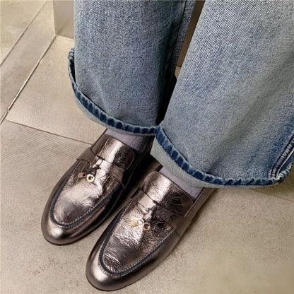 LuxMoc Mocassins Femme Cuir Argenté à Gland Élégant