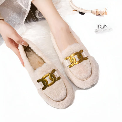 Luxe Mocassins Femme: Aspect Laine, Chaîne Dorée