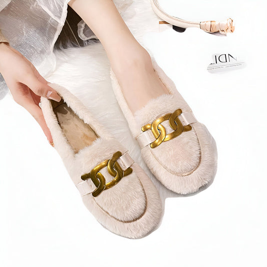 Luxe Mocassins Femme: Aspect Laine, Chaîne Dorée
