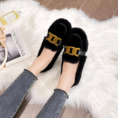 Luxe Mocassins Femme: Aspect Laine, Chaîne Dorée