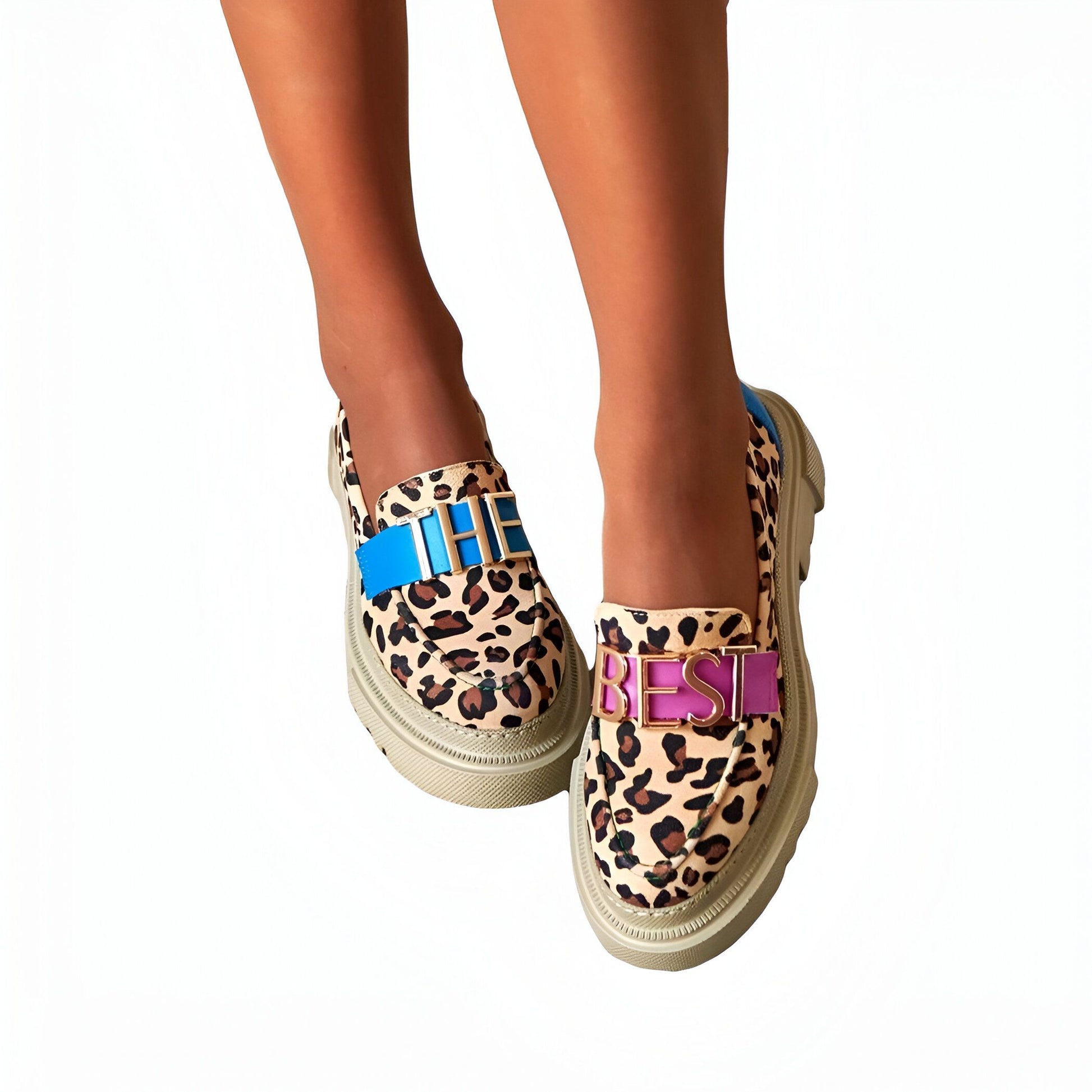 Élégance Mocassins Beige Léopard Plateforme Femme