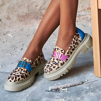 Élégance Mocassins Beige Léopard Plateforme Femme