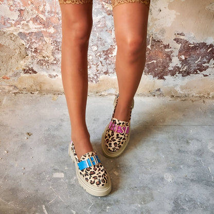 Élégance Mocassins Beige Léopard Plateforme Femme