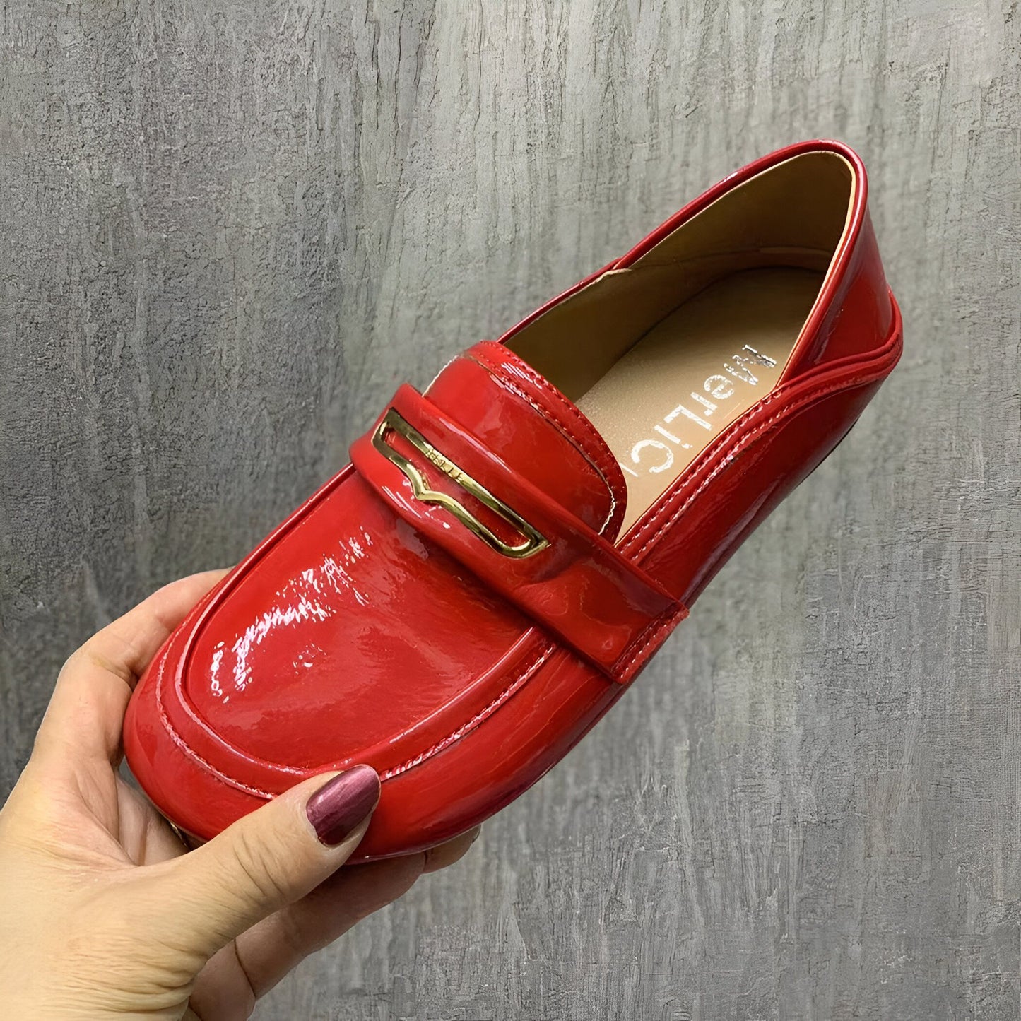 Mocassins Femme Simili Cuir Verni Détail Doré - Luxe