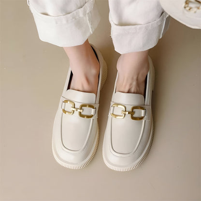LuxeMoc Mocassins Cuir Végan Boucle Métal Noir Beige