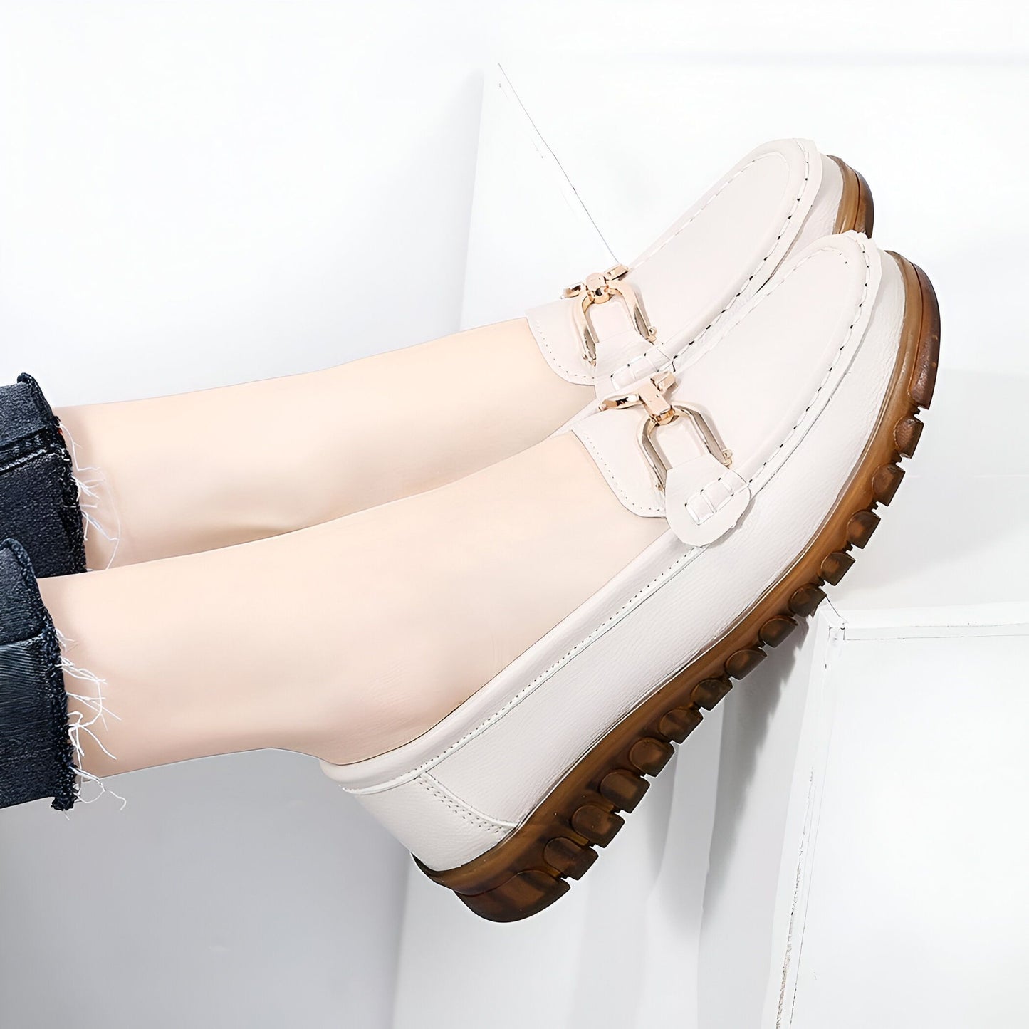 Glam Mocassins Cuir Femme Confortables à Chaîne Dorée