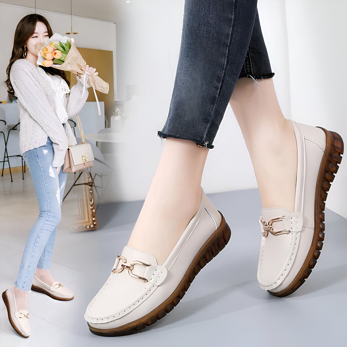 Glam Mocassins Cuir Femme Confortables à Chaîne Dorée