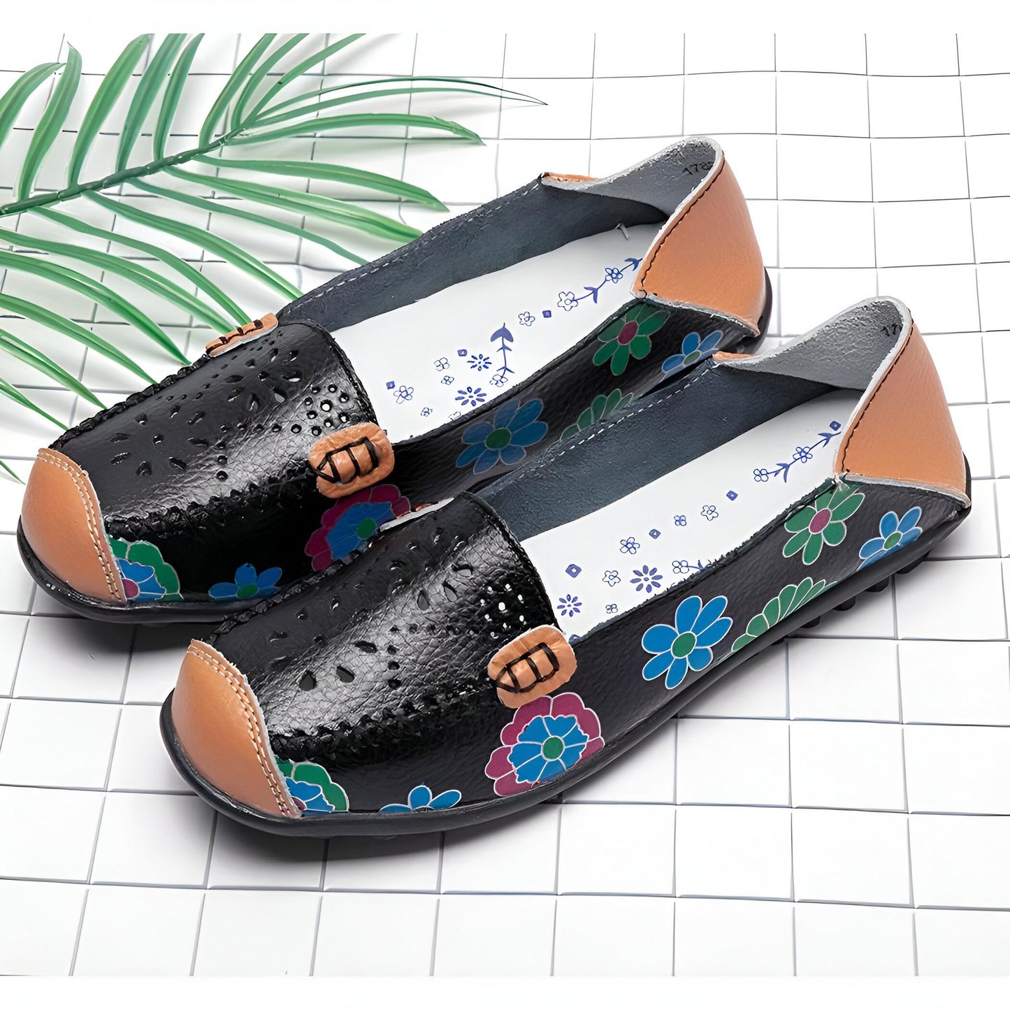 Luna Mocassins Femme Cuir Véritable Imprimé Fleurs