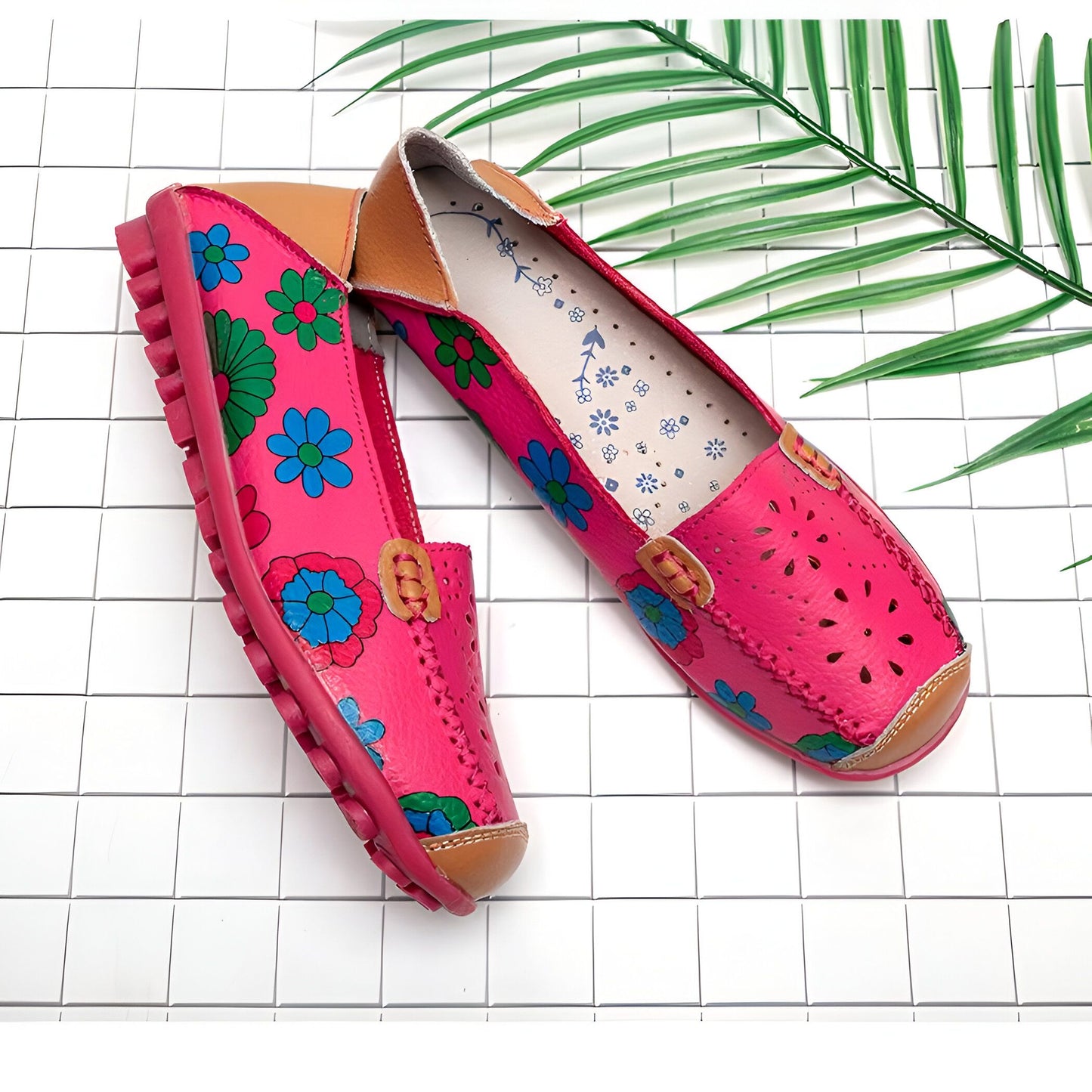 Luna Mocassins Femme Cuir Véritable Imprimé Fleurs