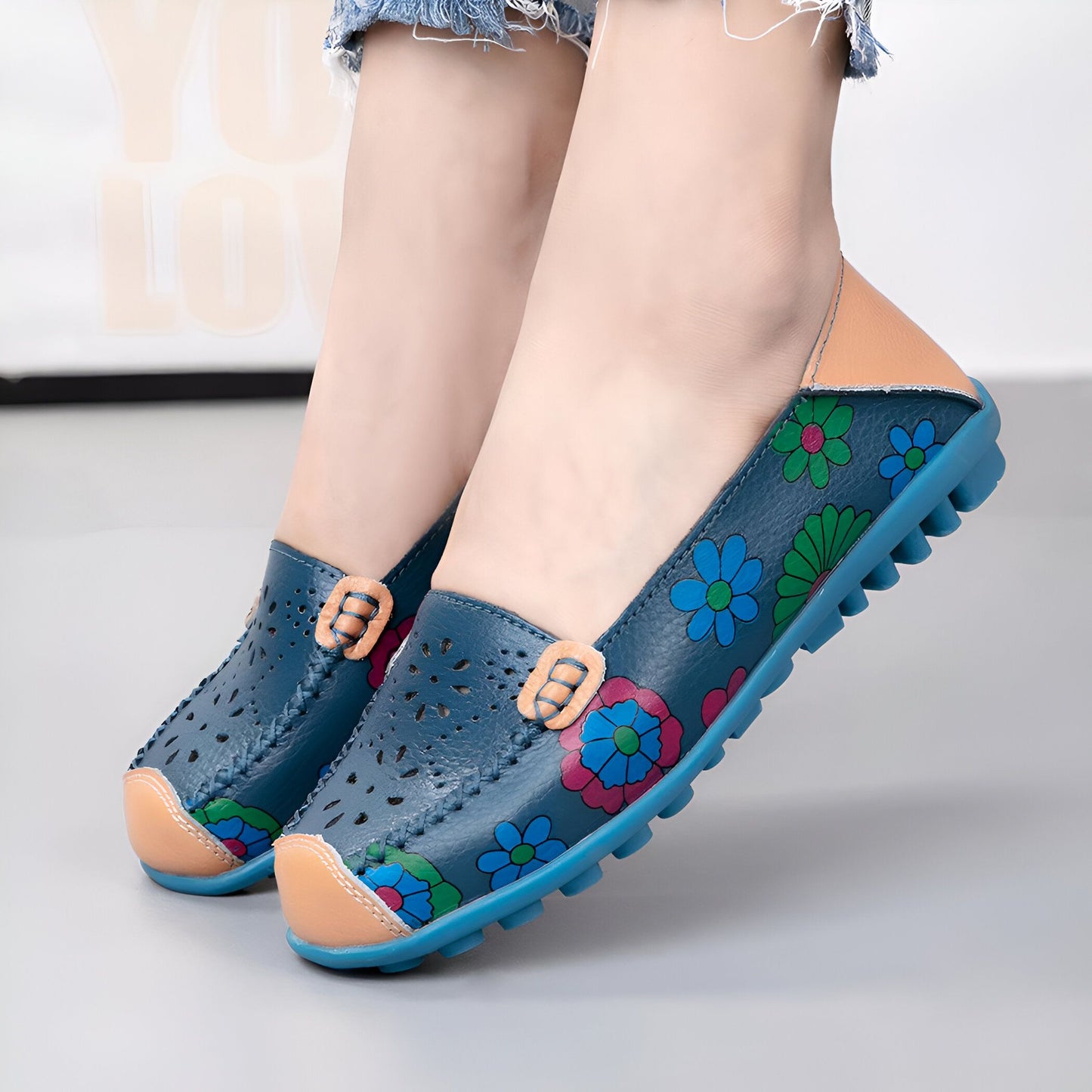 Luna Mocassins Femme Cuir Véritable Imprimé Fleurs