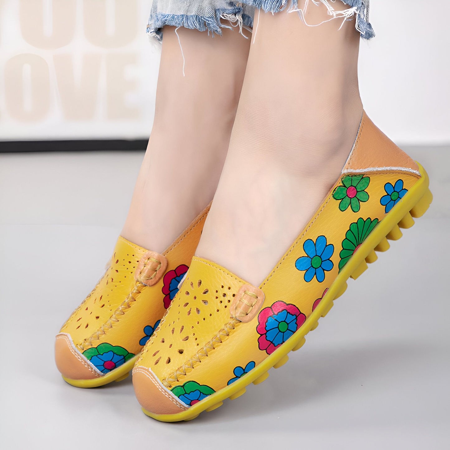 Luna Mocassins Femme Cuir Véritable Imprimé Fleurs