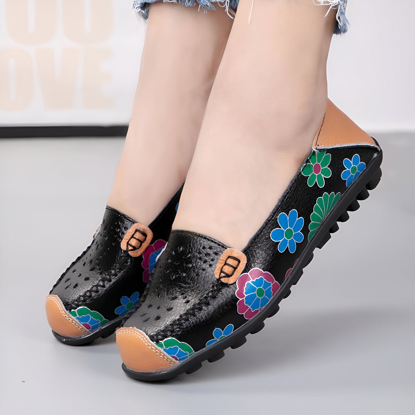 Luna Mocassins Femme Cuir Véritable Imprimé Fleurs