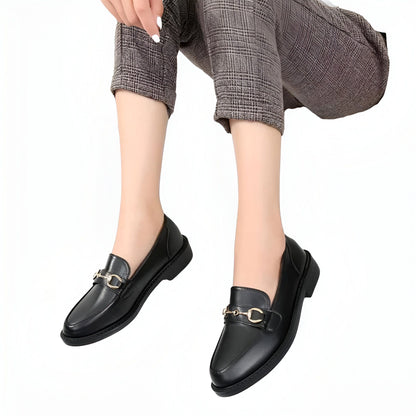 Viva Mocassins Cuir Noir Femme Boucle Métal Talon Carré