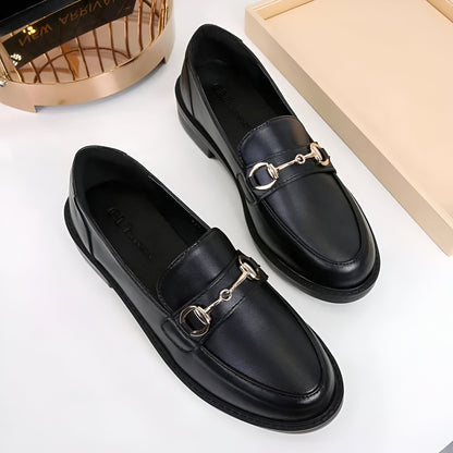 Viva Mocassins Cuir Noir Femme Boucle Métal Talon Carré