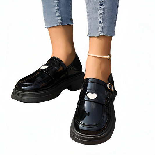 Élite Mocassins Femme Verni Noir Cœur Semelle Épaisse