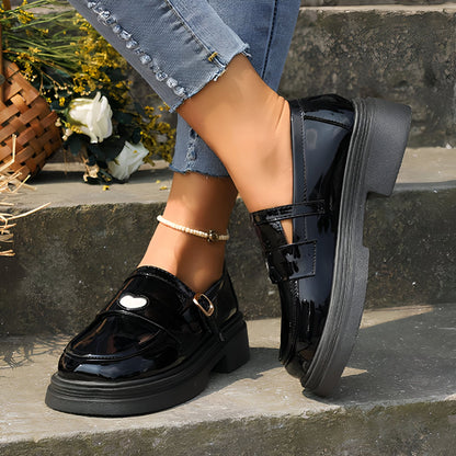 Élite Mocassins Femme Verni Noir Cœur Semelle Épaisse