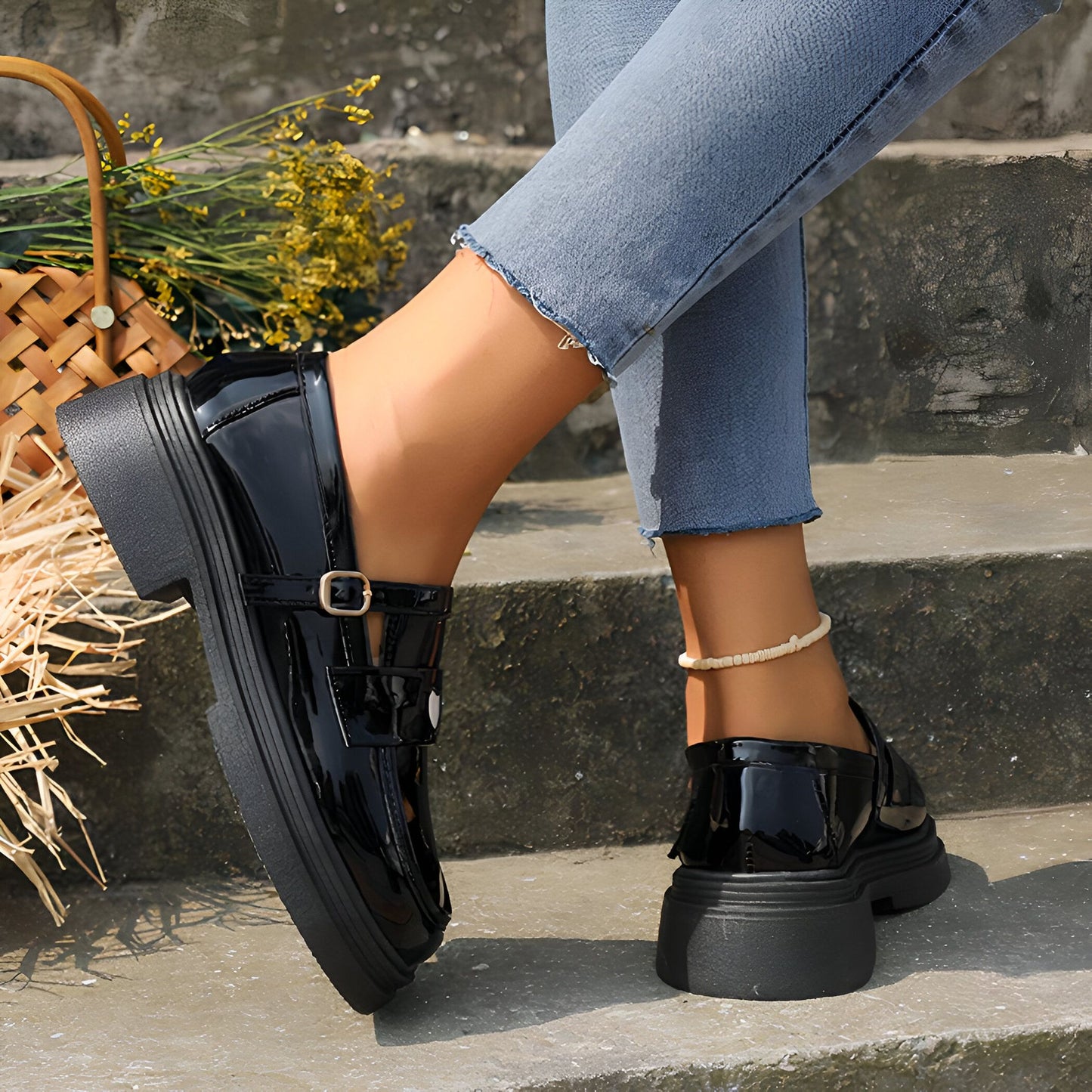Élite Mocassins Femme Verni Noir Cœur Semelle Épaisse
