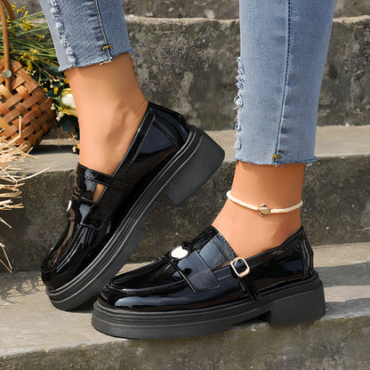 Élite Mocassins Femme Verni Noir Cœur Semelle Épaisse