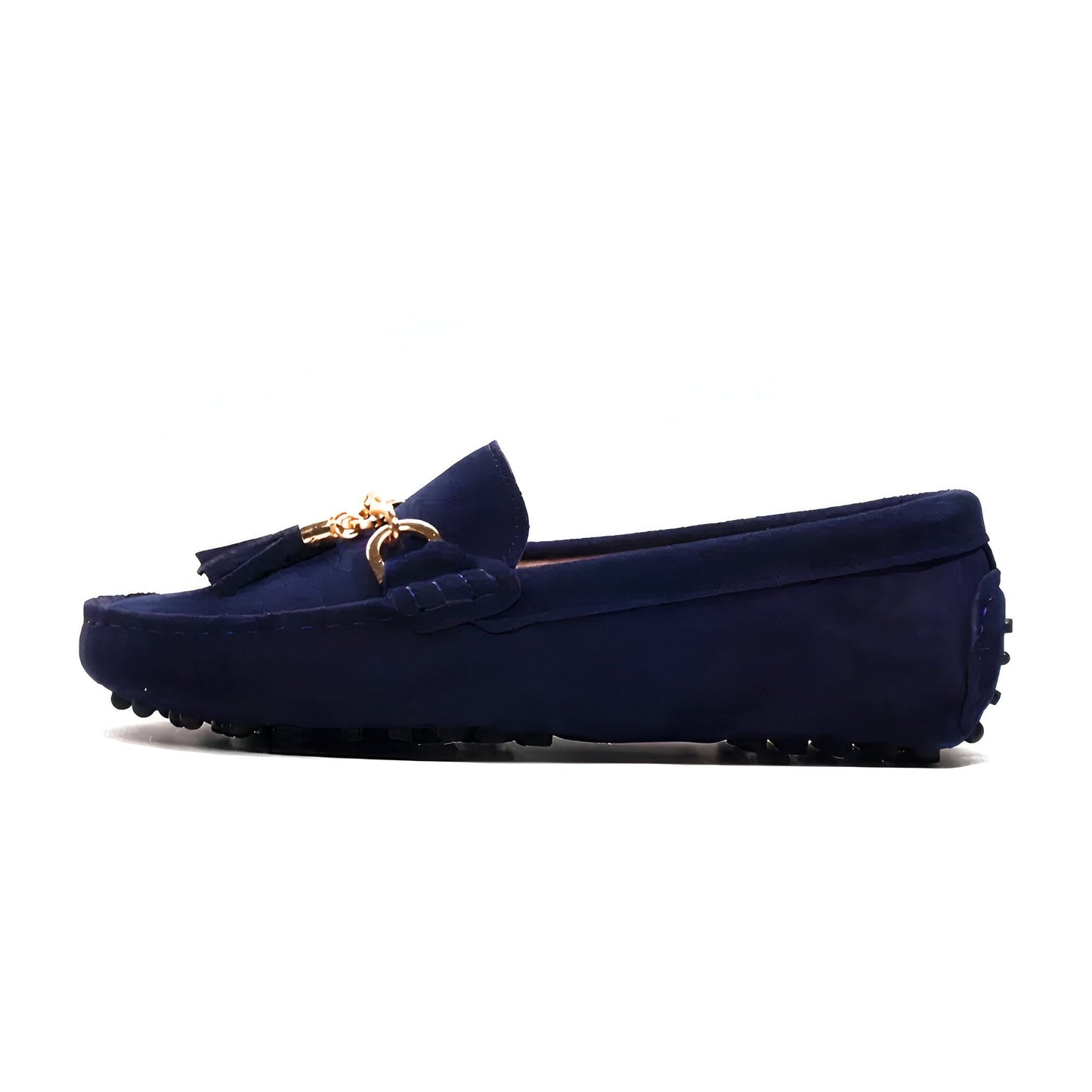Mocassins Daim Véritable — Chaîne Dorée Femme Glands