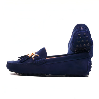 Mocassins Daim Véritable — Chaîne Dorée Femme Glands