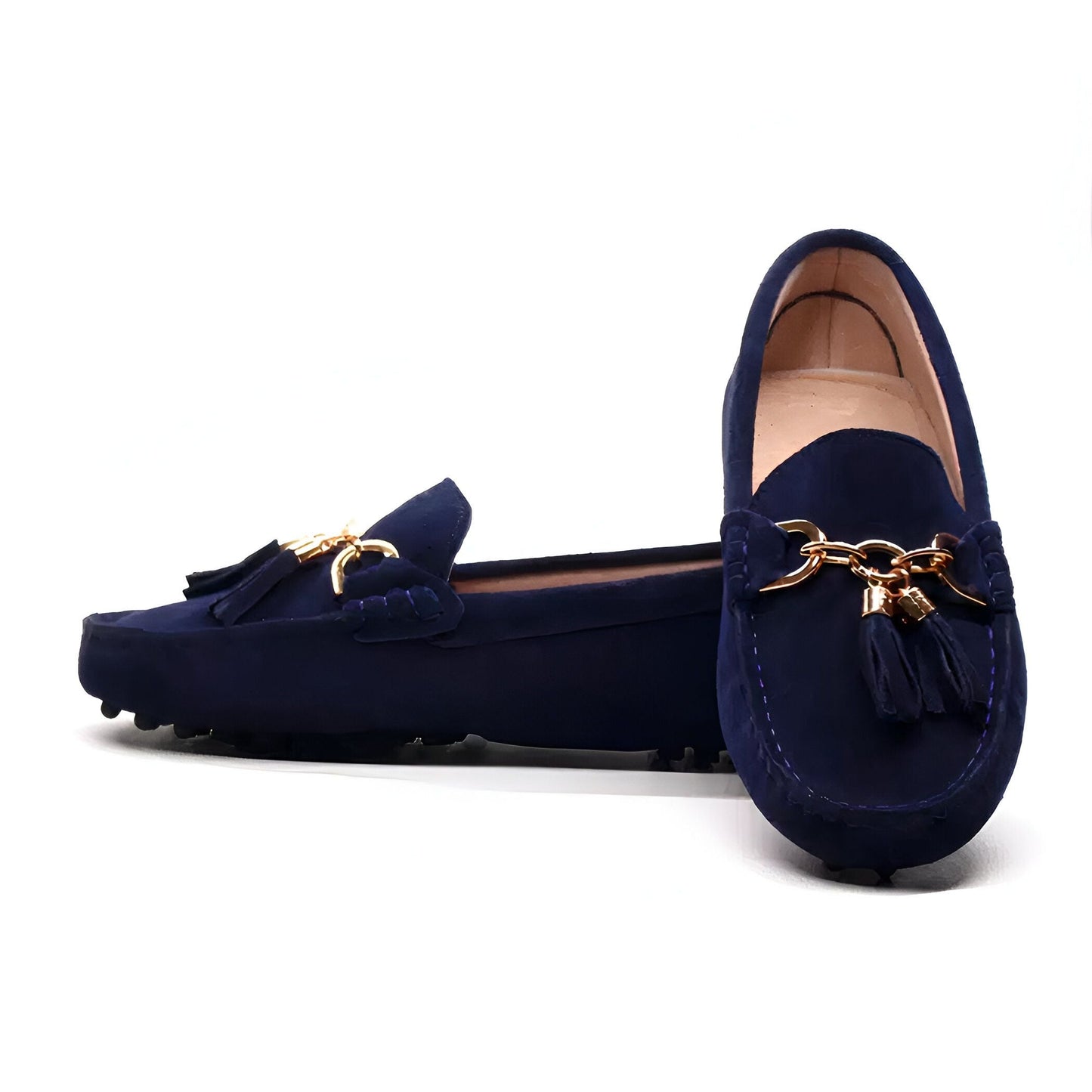 Mocassins Daim Véritable — Chaîne Dorée Femme Glands