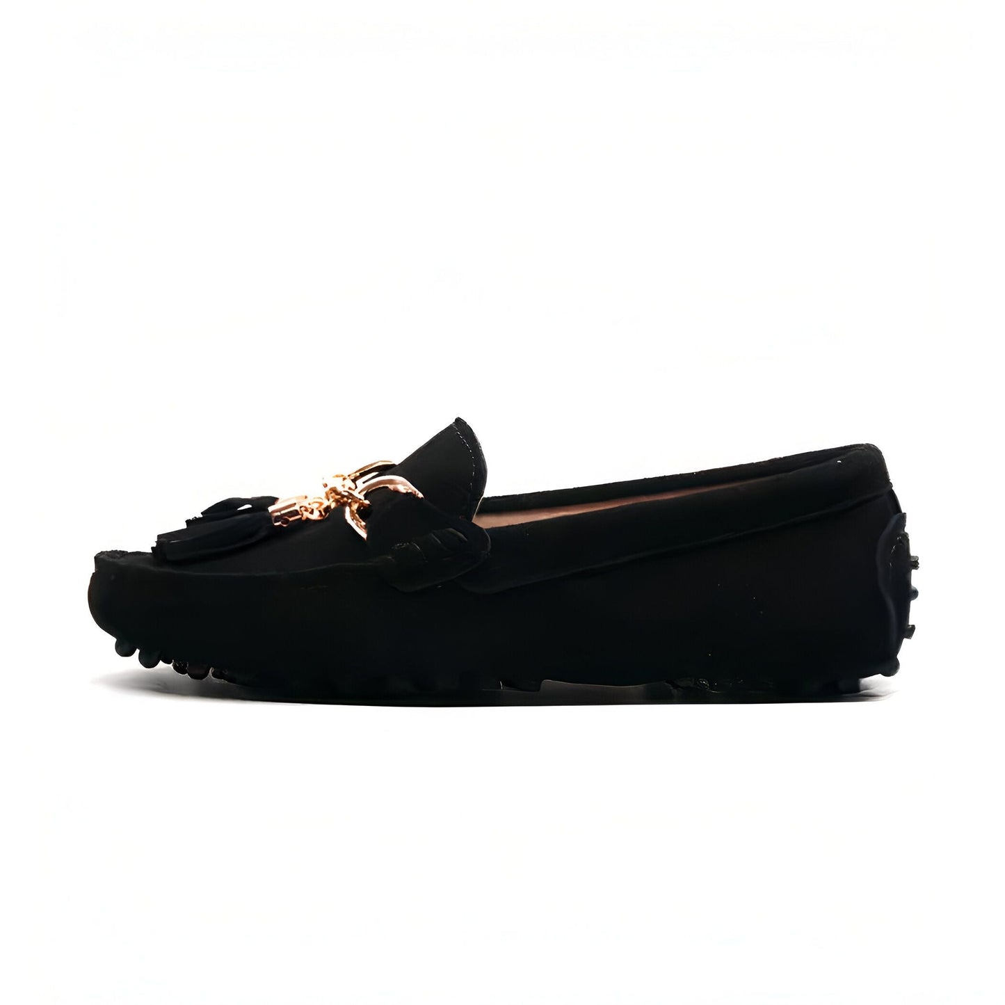 Mocassins Daim Véritable — Chaîne Dorée Femme Glands