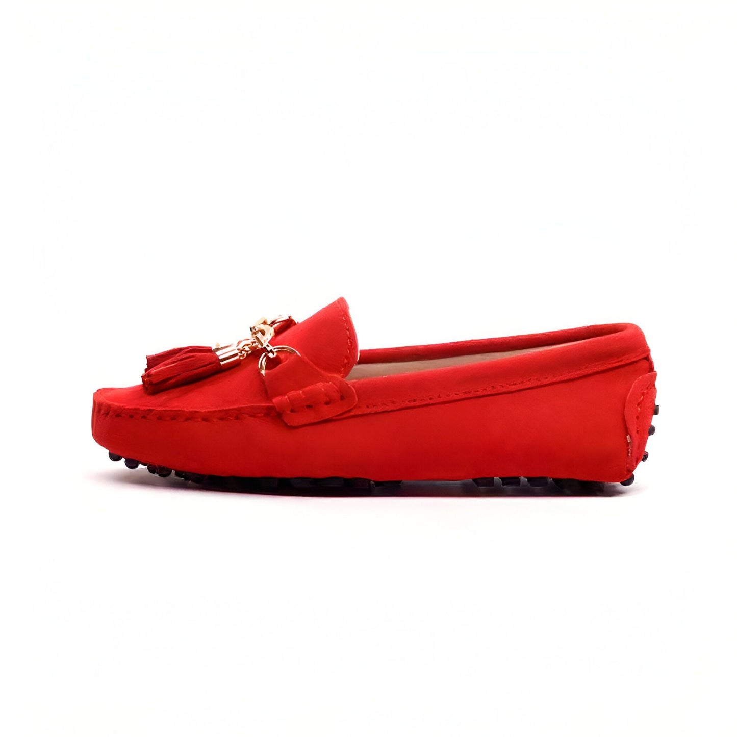 Mocassins Daim Véritable — Chaîne Dorée Femme Glands