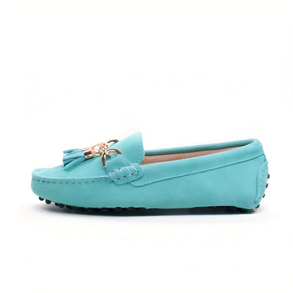 Mocassins Daim Véritable — Chaîne Dorée Femme Glands