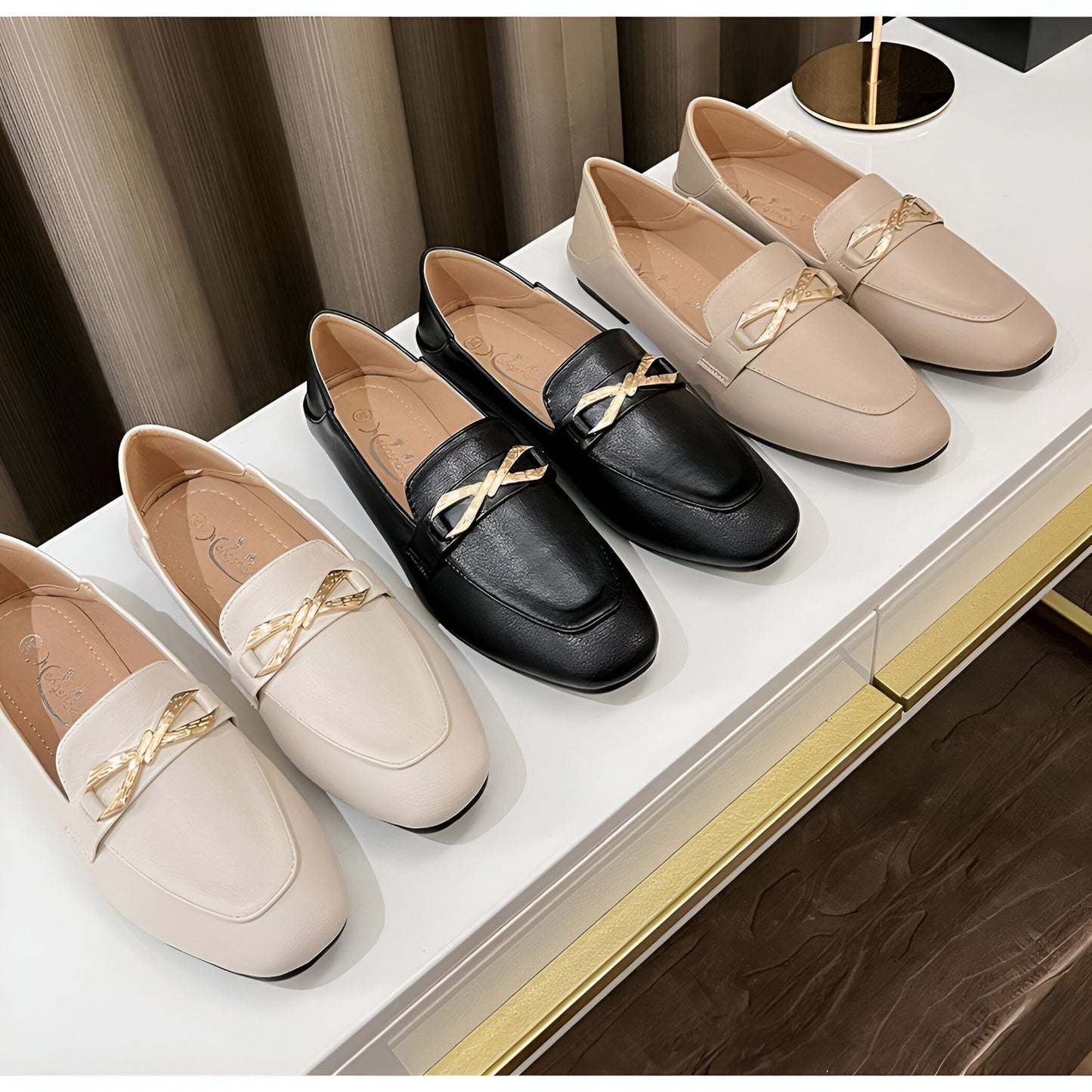 Mocassins Femme Luxe Simili Cuir Nœud Doré Élégants