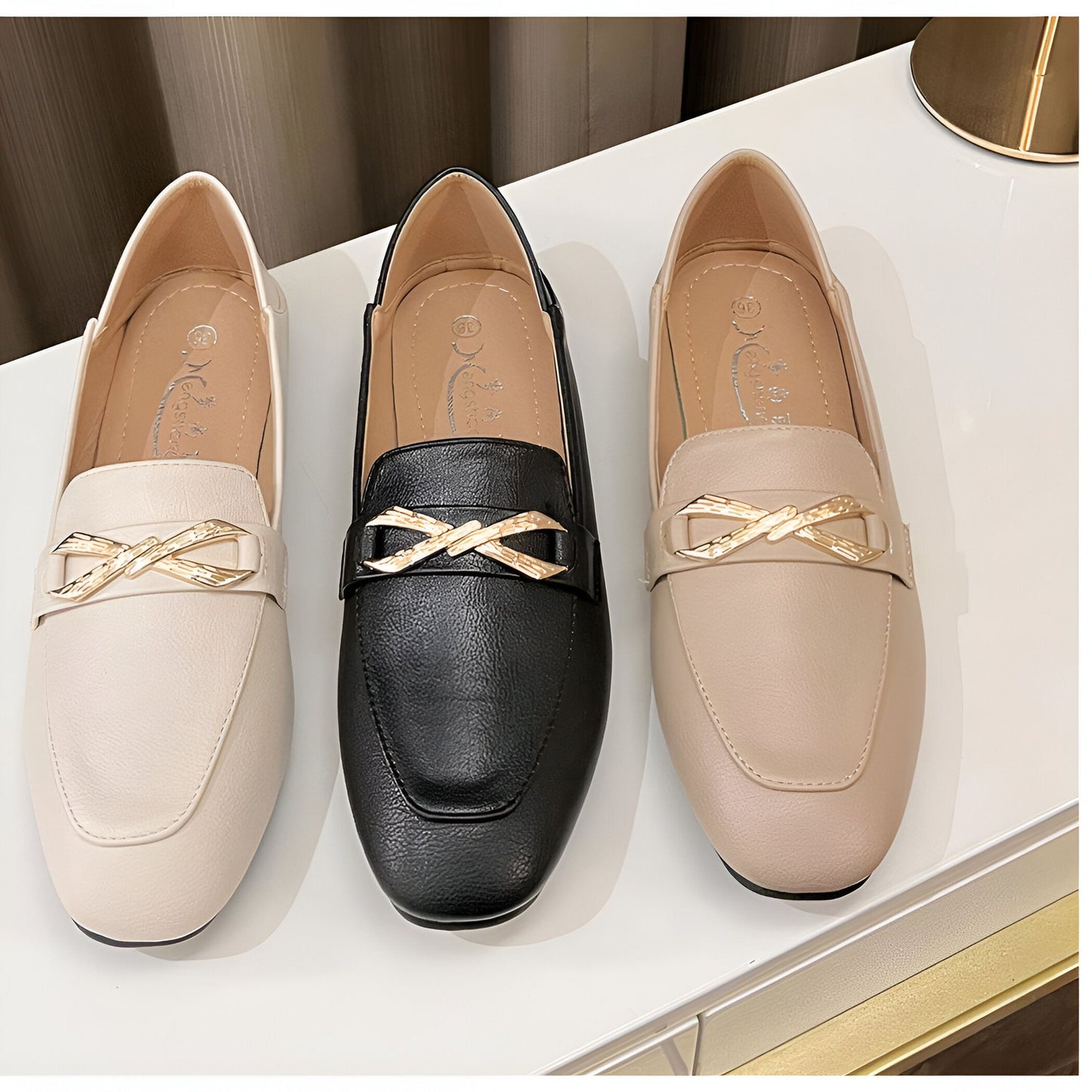 Mocassins Femme Luxe Simili Cuir Nœud Doré Élégants