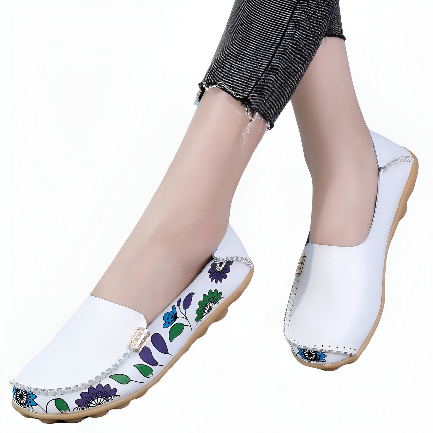 LuxeMira Mocassins Blancs Cuir Imprimé Fleuri Femme