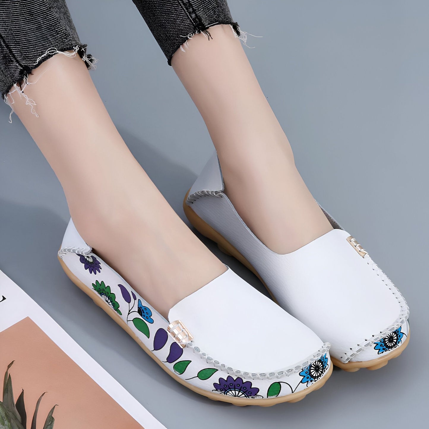 LuxeMira Mocassins Blancs Cuir Imprimé Fleuri Femme