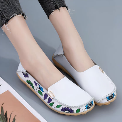 LuxeMira Mocassins Blancs Cuir Imprimé Fleuri Femme