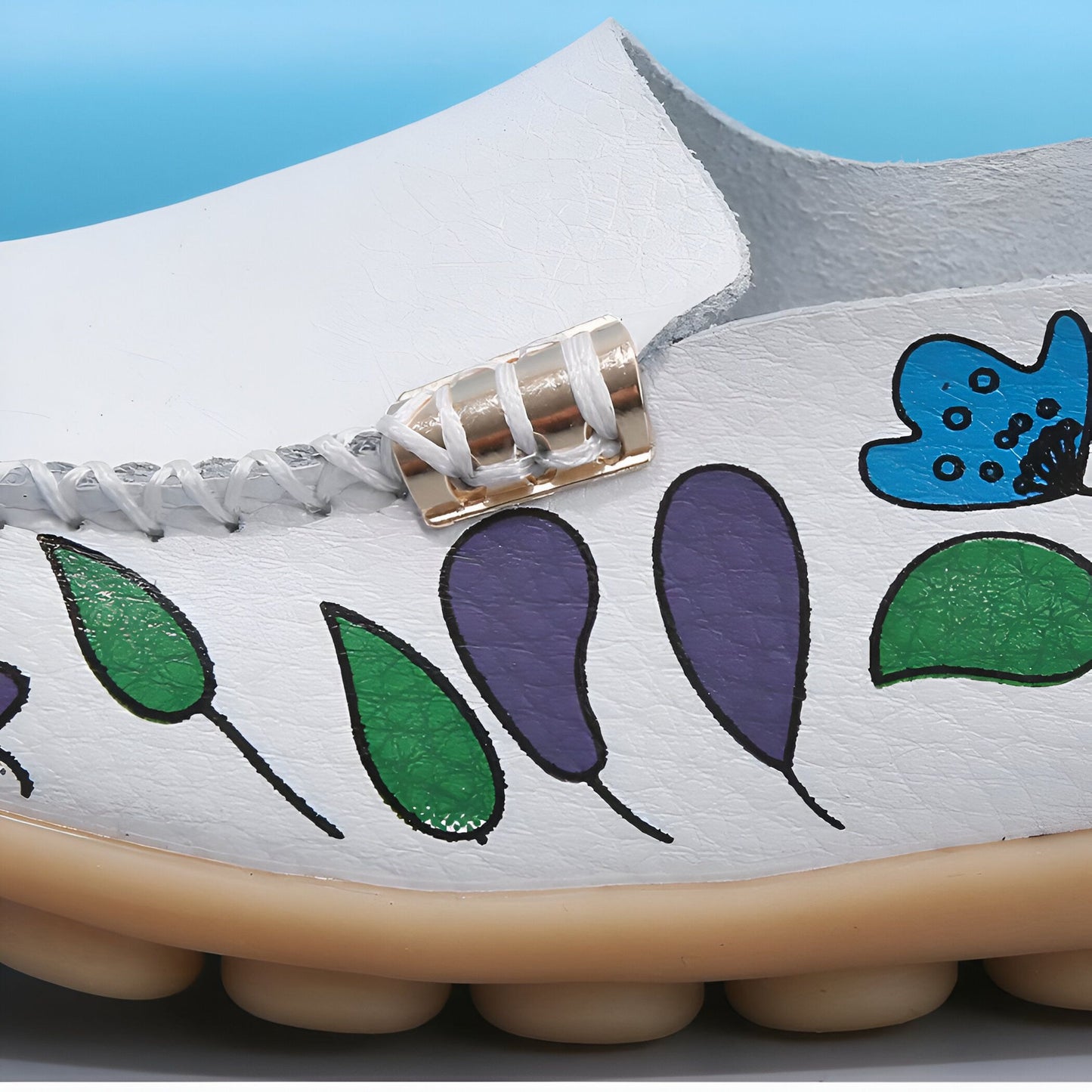 LuxeMira Mocassins Blancs Cuir Imprimé Fleuri Femme