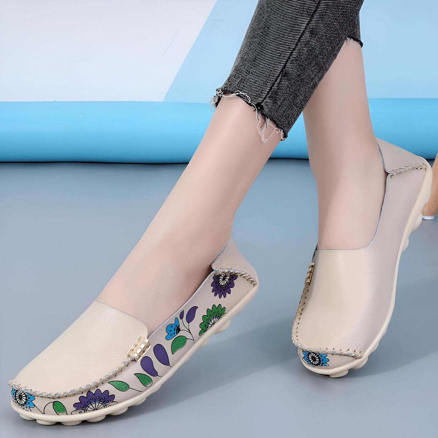LuxeMira Mocassins Blancs Cuir Imprimé Fleuri Femme