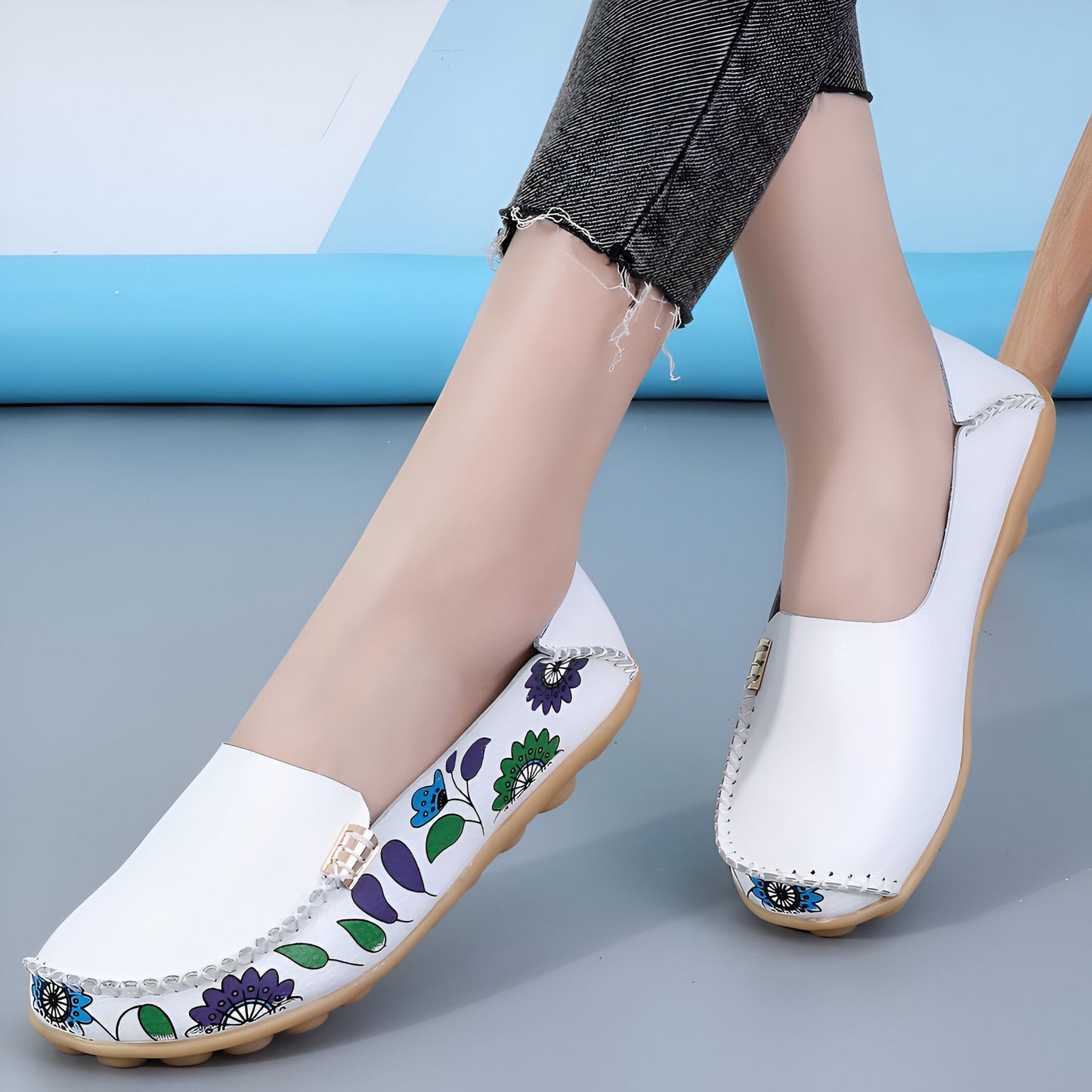 LuxeMira Mocassins Blancs Cuir Imprimé Fleuri Femme