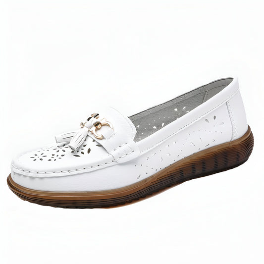 Luxe Mocassins Cuir Souple Femme Glands Blanc