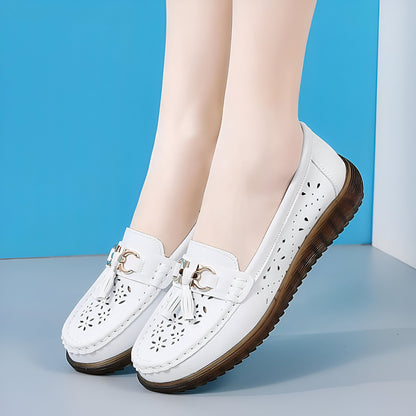 Luxe Mocassins Cuir Souple Femme Glands Blanc