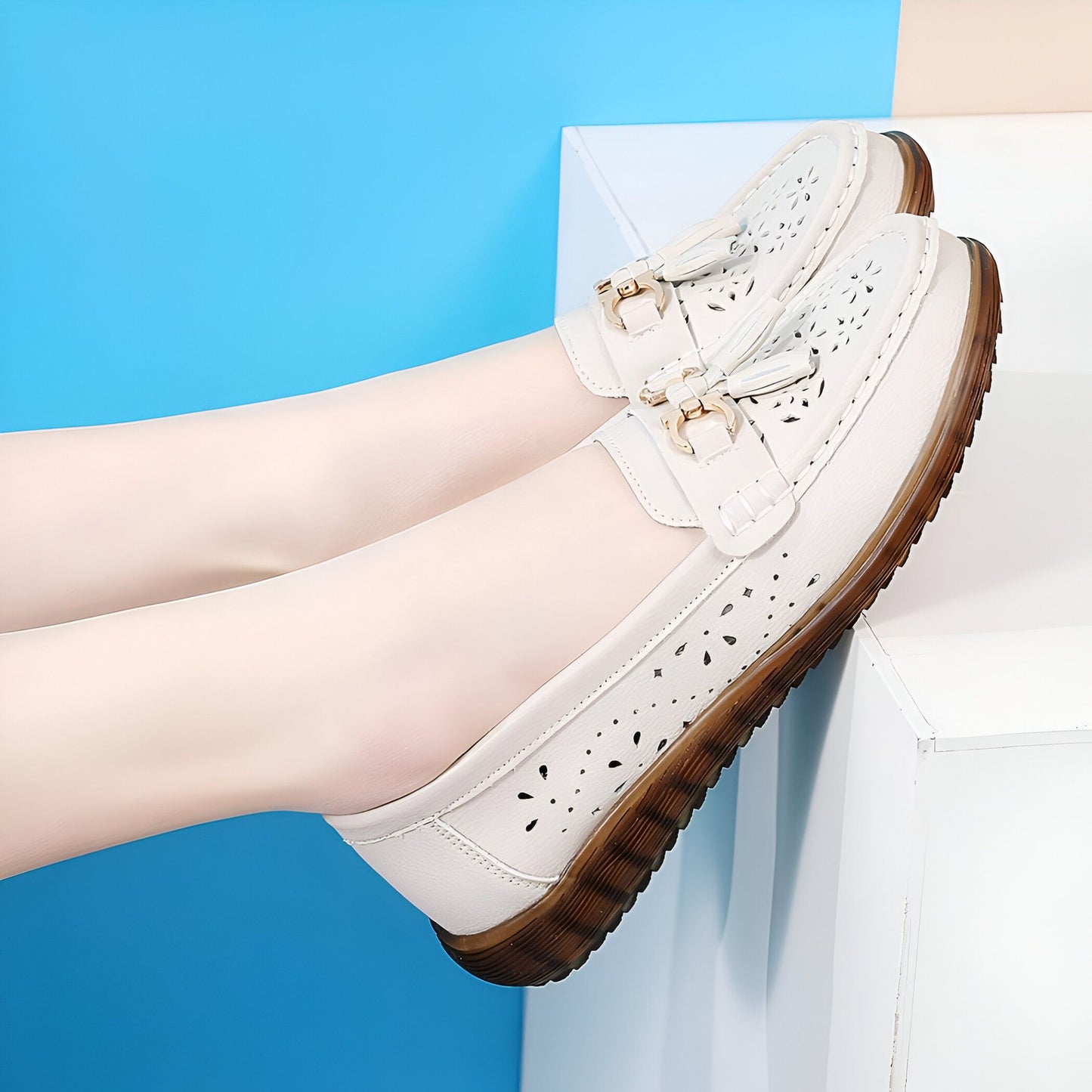 Luxe Mocassins Cuir Souple Femme Glands Blanc