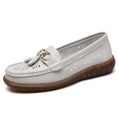Luxe Mocassins Cuir Souple Femme Glands Blanc