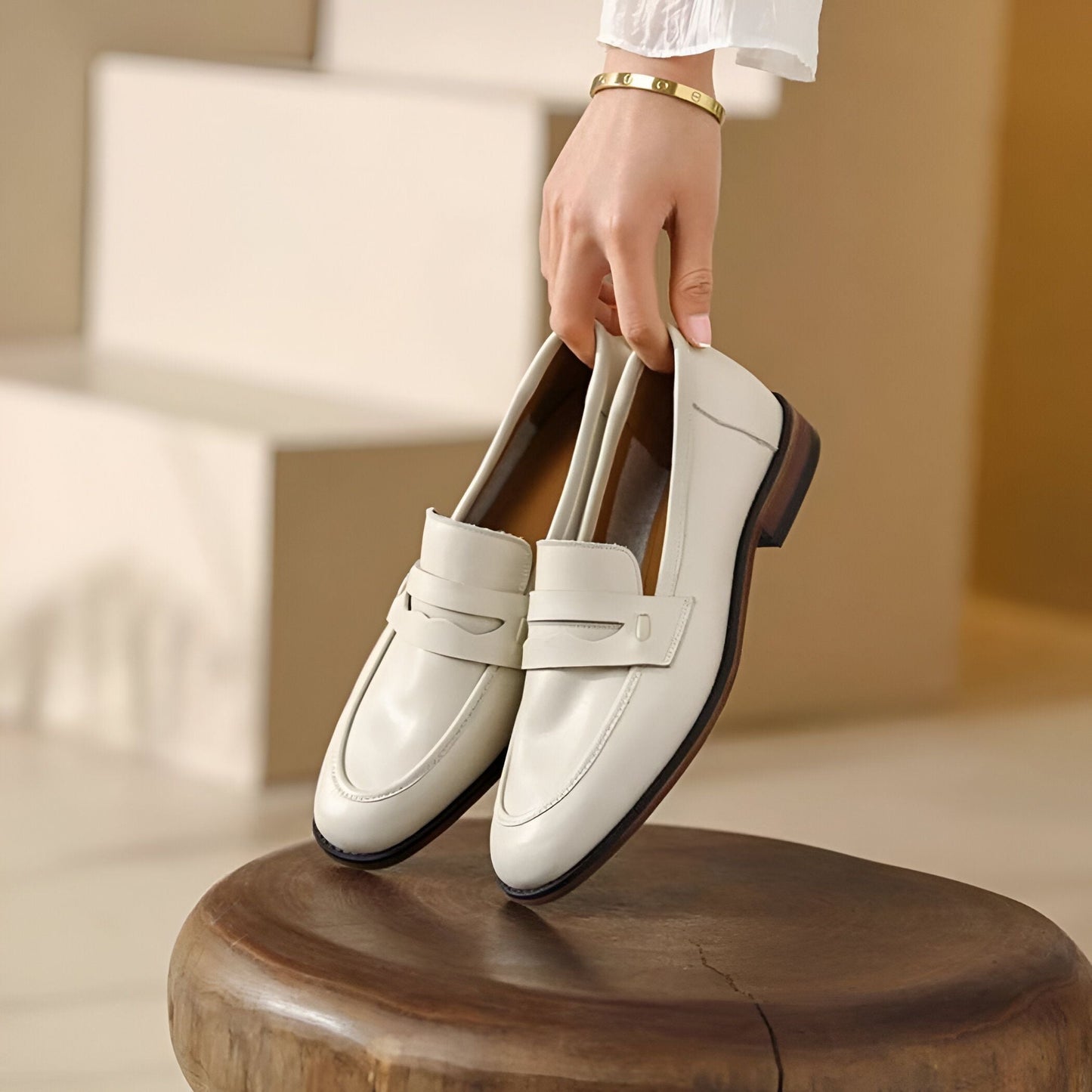 Signature Mocassins Cuir Véritable Beige Semelles Marron