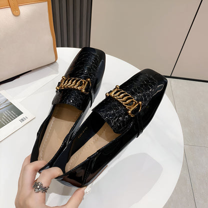 Luxelle Mocassins Femme Cuir Verni Chaîne Dorée